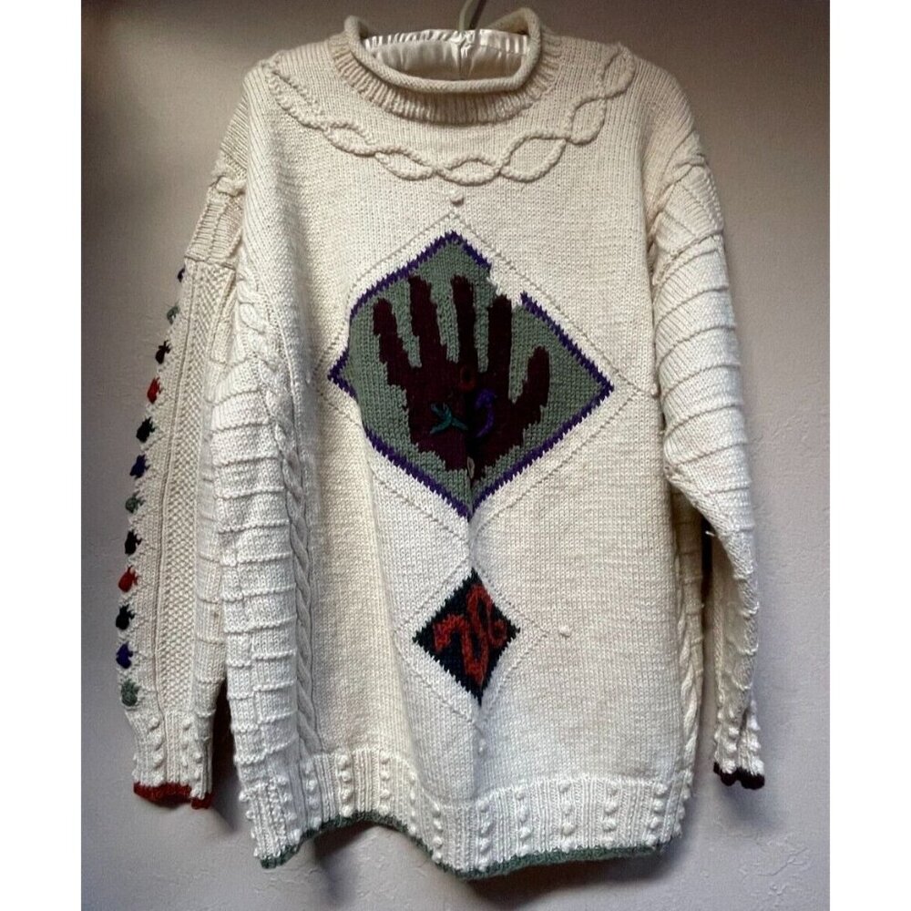 Vintage Madrigal Carmel Sweater Wool Cable Embroidered Knitted Mock Neck Ivory